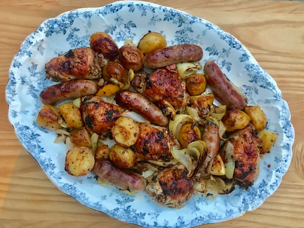 Chicken and sausages with sage and onion 