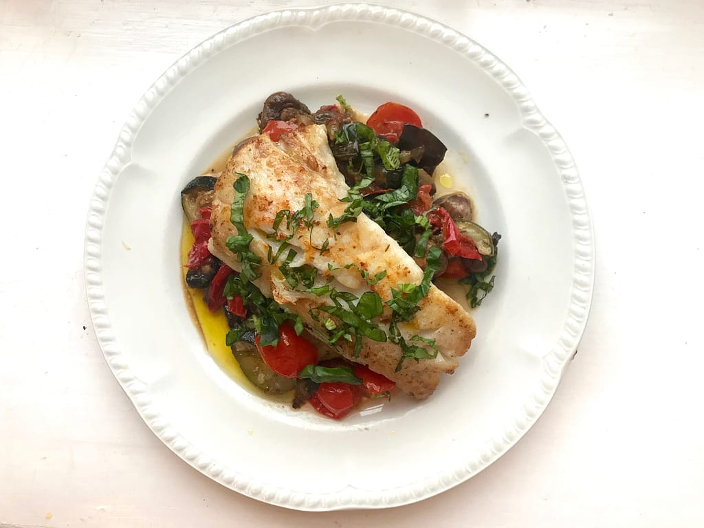 Hake with roasted vegetables